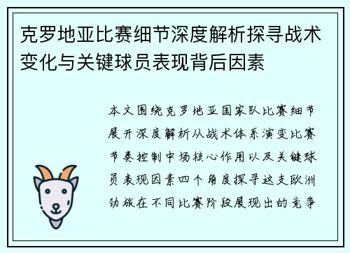 克罗地亚比赛细节深度解析探寻战术变化与关键球员表现背后因素